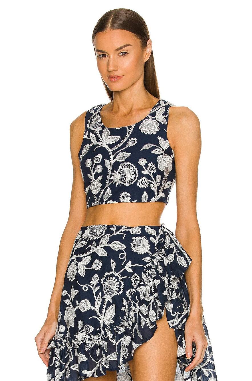 Waimari Bouquet Crop Top Floral Embroidered Cotton Boho Preppy Resortwear S